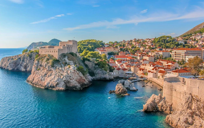 Dubrovnik cityscape with medieval fortress and Adriatic Sea, Croatia.