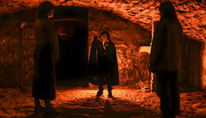 Edinburgh night tour group in underground vaults with guide.