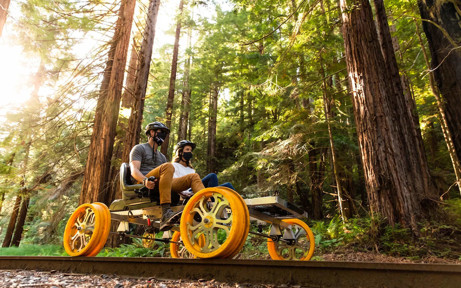 Guests riding a rail bike through redwood forest in San Francisco.