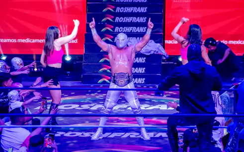 Wrestler in silver mask and costume celebrates in a lucha libre ring, surrounded by fans.