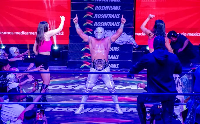 Wrestler in silver mask and costume celebrates in a lucha libre ring, surrounded by fans.