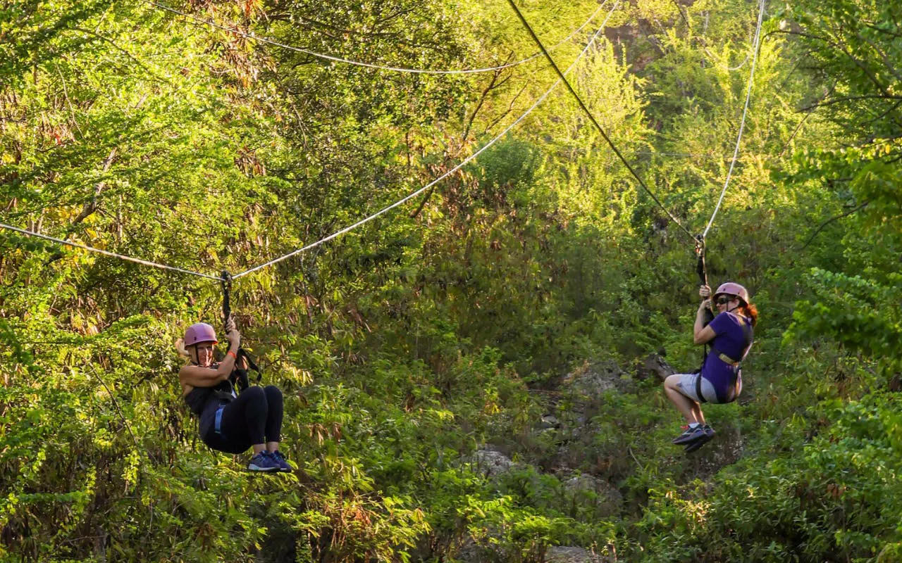 Two people ziplining through lush forest on a Six Zipline Adventure with modern braking system.