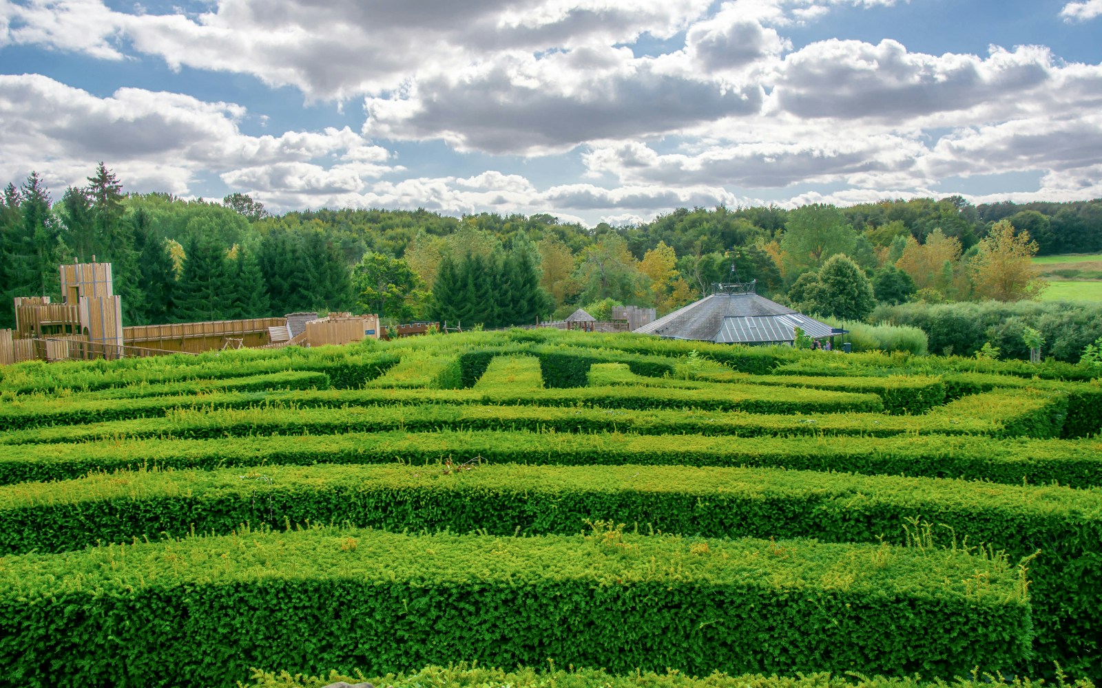 Leeds Castle garden maze with lush green hedges and scenic countryside backdrop.