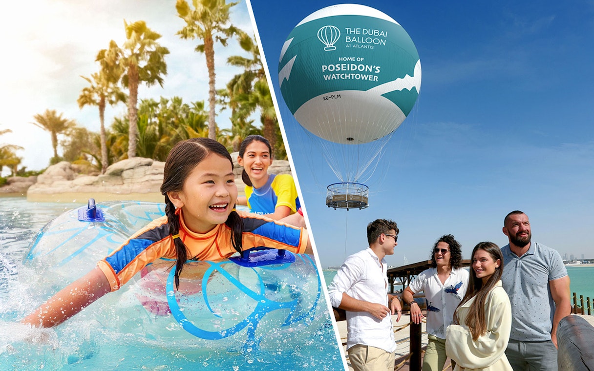 Children enjoying Aquaventure Waterpark and group near The Dubai Balloon at Atlantis.