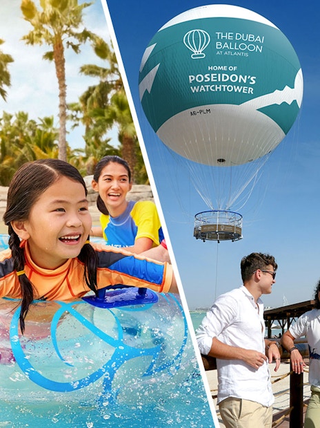 Children enjoying Aquaventure Waterpark and group near The Dubai Balloon at Atlantis.