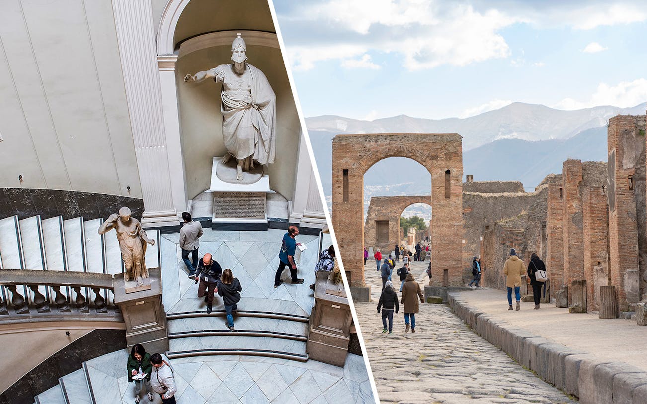 Naples National Archaeological Museum statues and Pompeii ruins with visitors exploring.