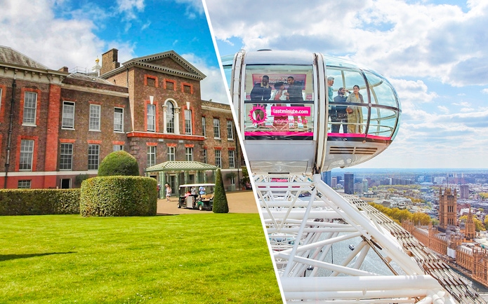 Kensington Palace exterior and London Eye capsule with city view, London.