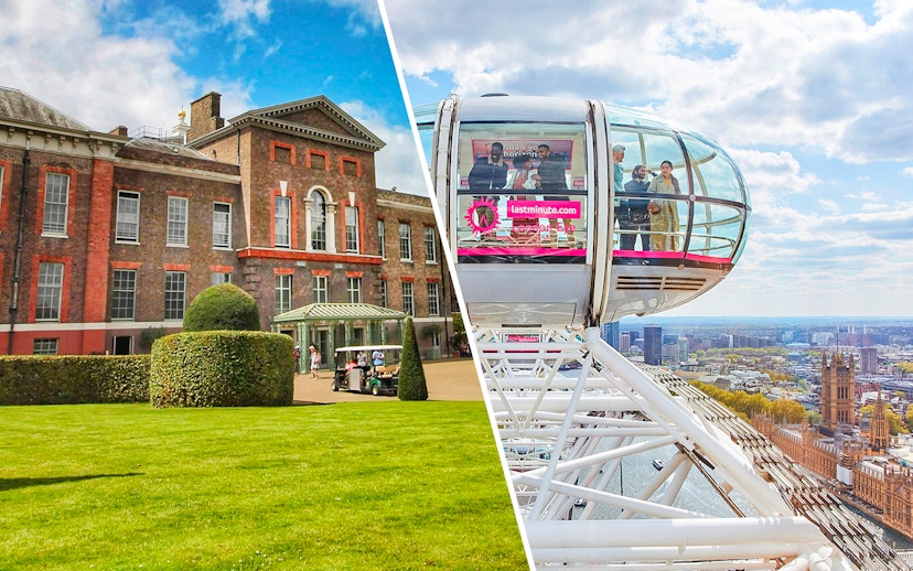 Kensington Palace exterior and London Eye capsule with city view, London.