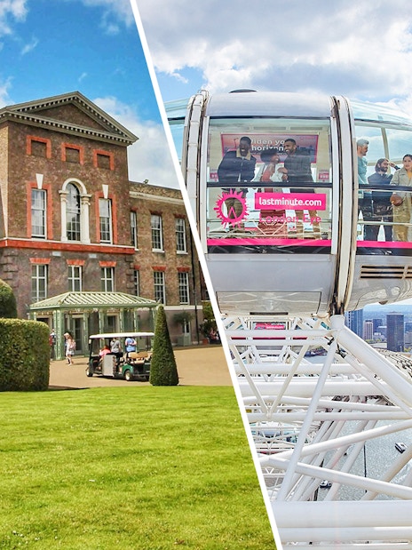 Kensington Palace exterior and London Eye capsule with city view, London.