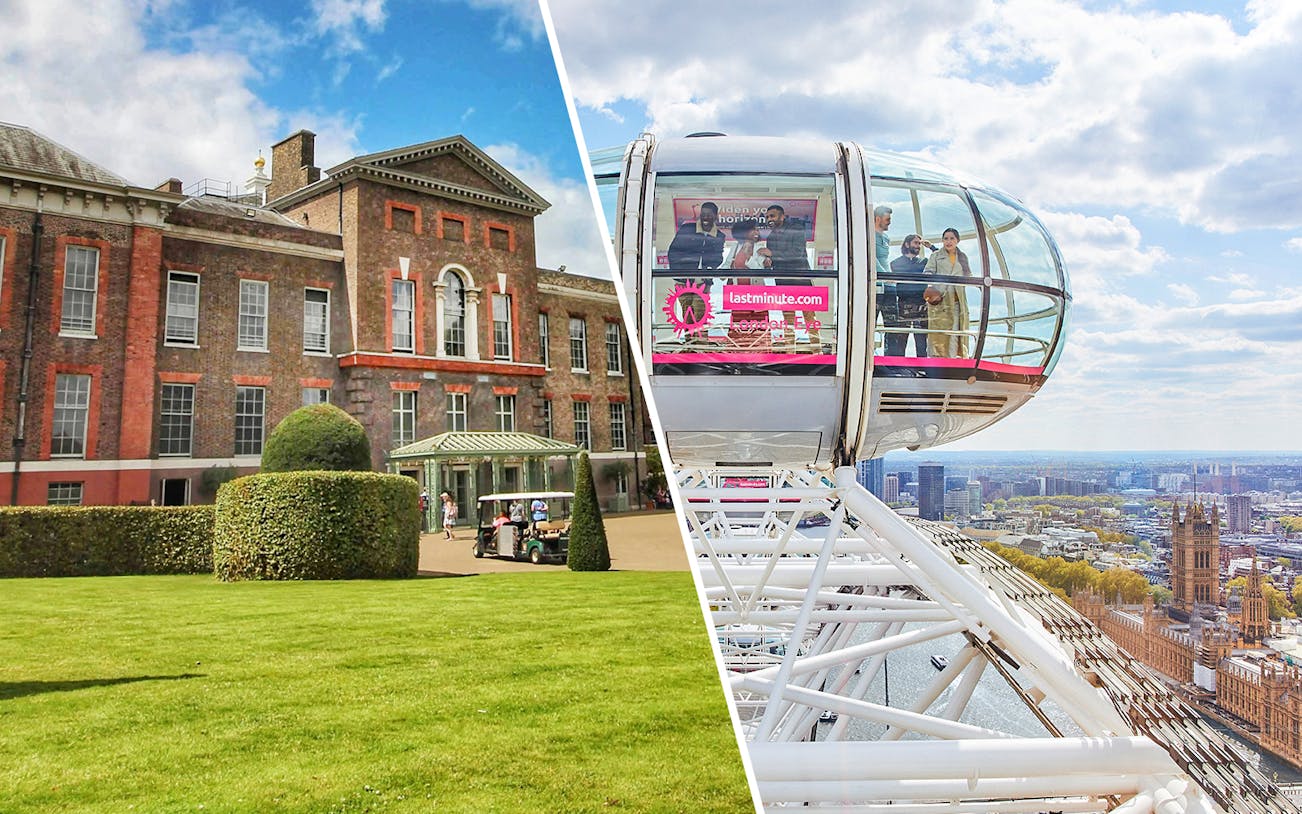 Kensington Palace exterior and London Eye capsule with city view, London.