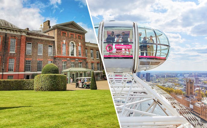 Kensington Palace exterior and London Eye capsule with city view, London.