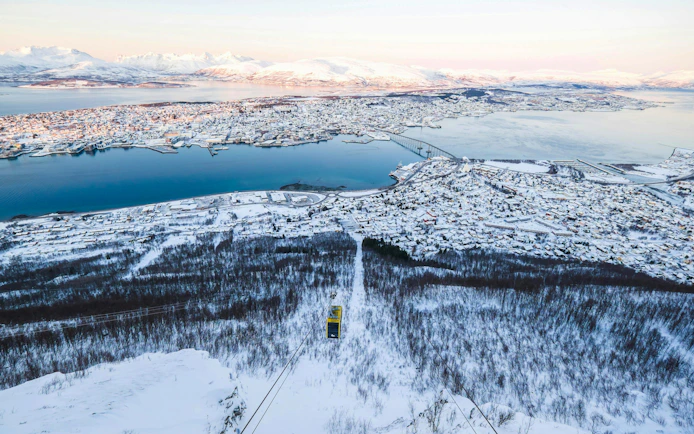 Panoramic view of Tromsø in winter from Fjellheisen cable car station.