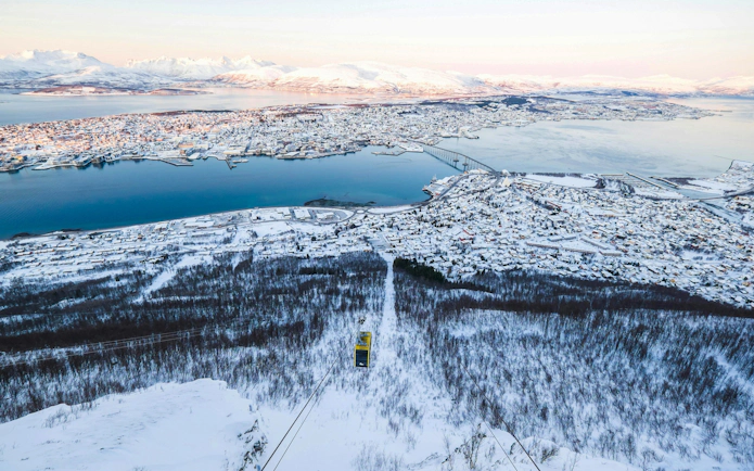 Panoramic view of Tromsø in winter from Fjellheisen cable car station.