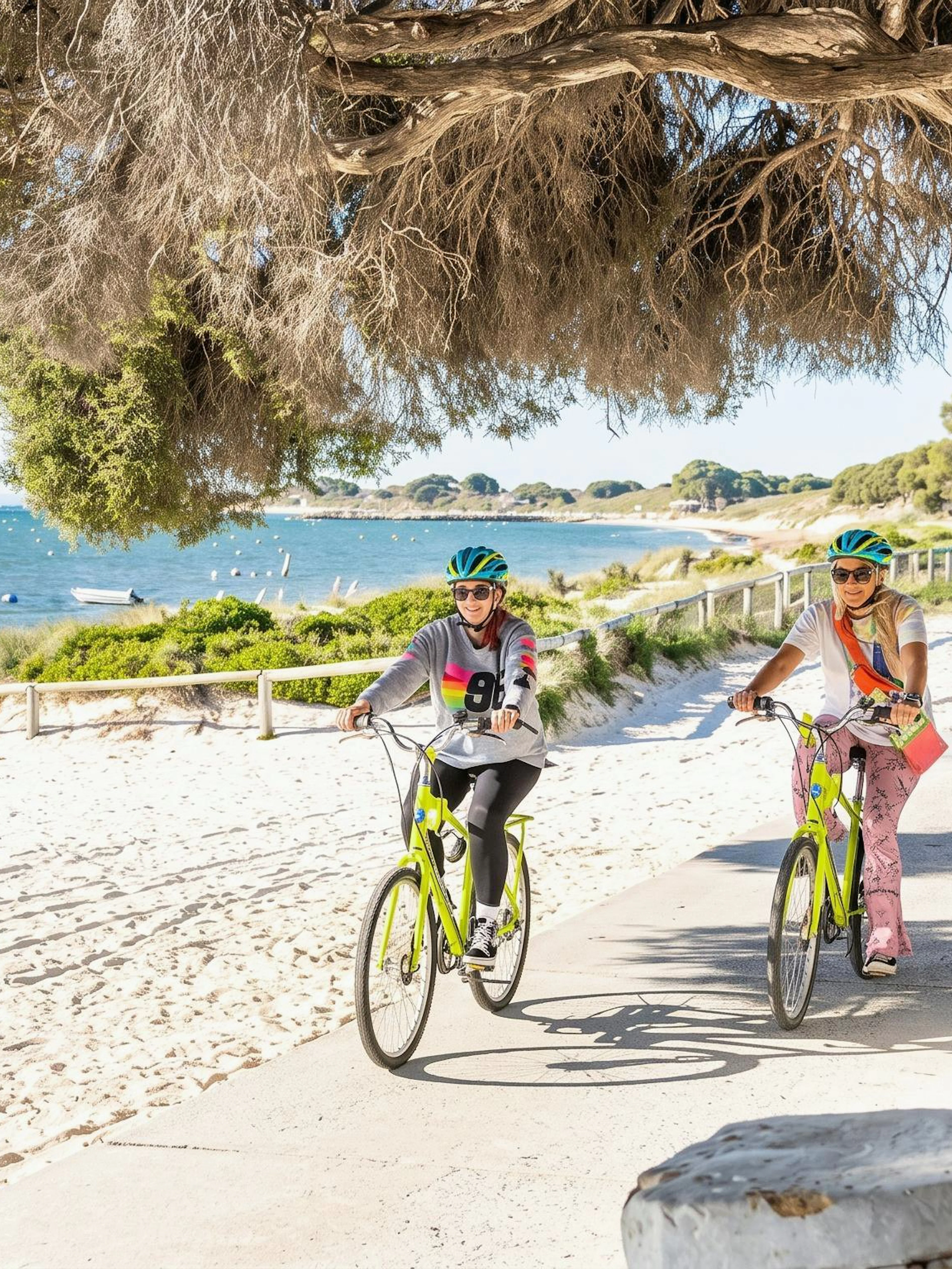 Cyclists on a path by the beach on Rottnest Island, with ocean view and boats in the background.