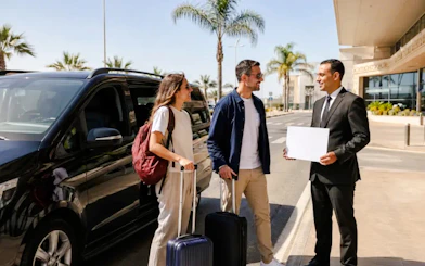 Private transfer service at Marrakech Airport with driver greeting travelers.