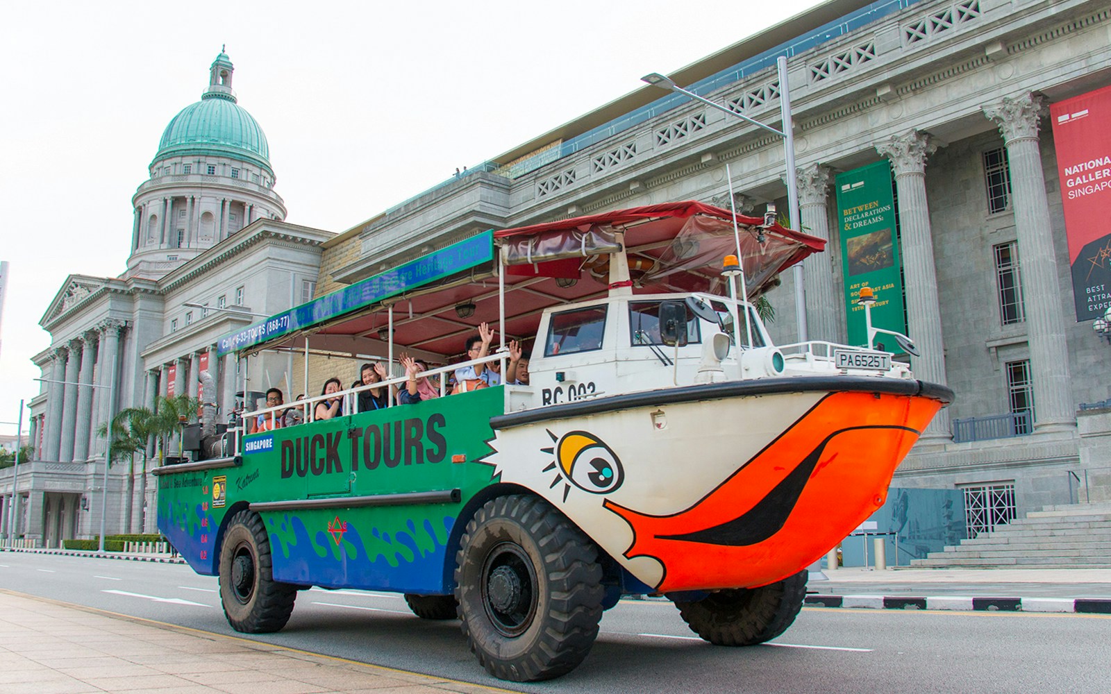 DUCKtours vehicle in front of National Gallery Singapore.