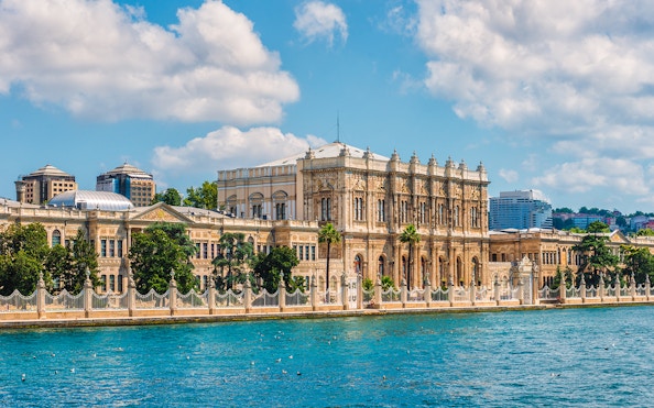 Dolmabahce Palace facade along the Bosphorus in Istanbul, Turkey.