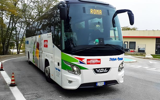 Transfer bus at Fiumicino Airport heading to Rome Tiburtina station.