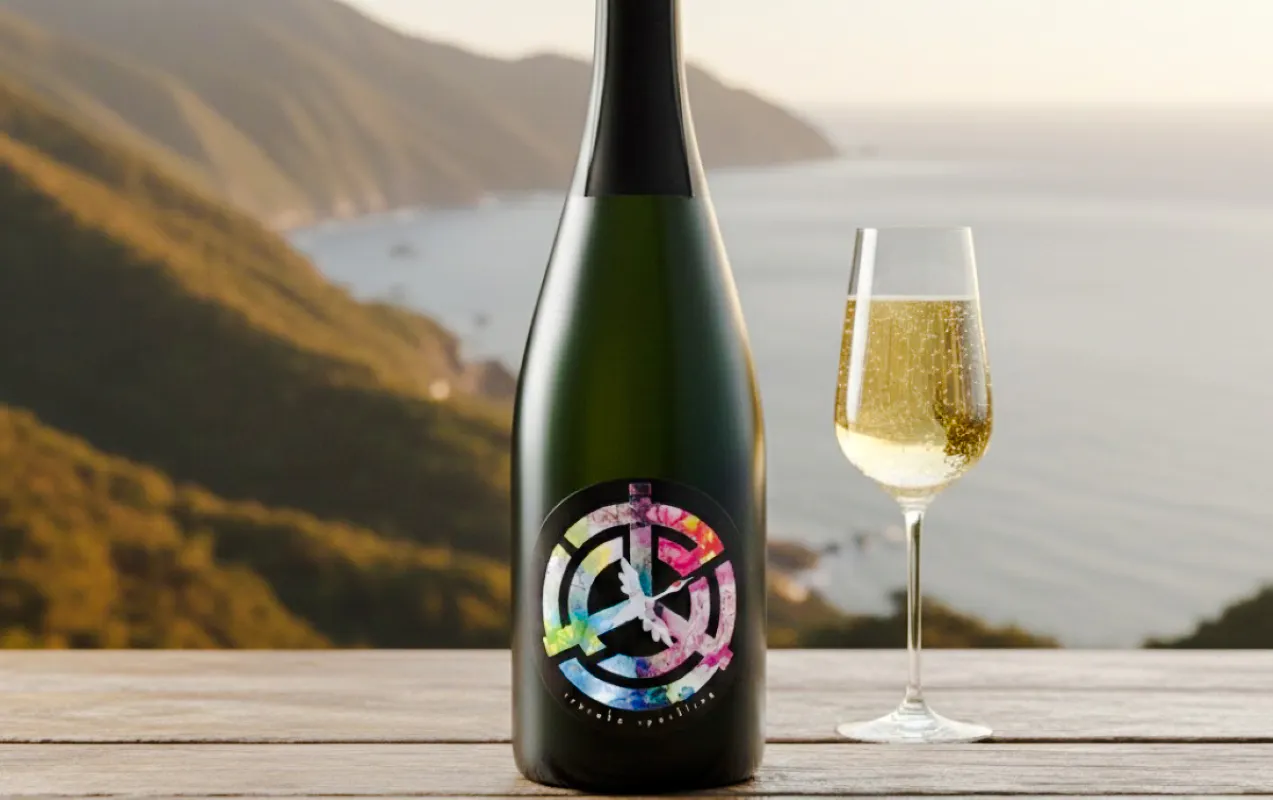 Bottle and glass of sake with coastal view at Takeno Sake Brewery, Kyoto.