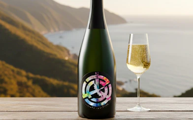 Bottle and glass of sake with coastal view at Takeno Sake Brewery, Kyoto.