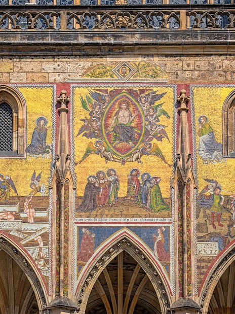 Mosaic artwork on the Golden Portal of Prague Castle, Czech Republic.