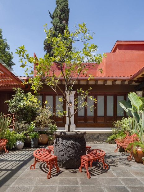 Courtyard with red benches and plants at Museo Casa Kahlo, Mexico City.