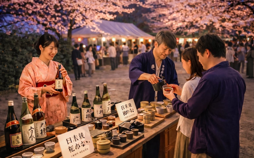 Sake tasting at Ōgimachi Sakura Festival with cherry blossoms in the background.