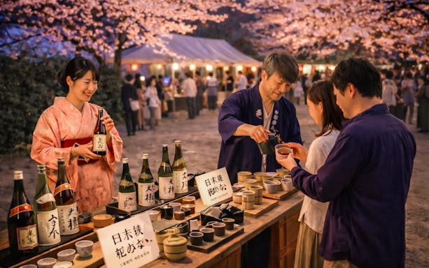 Sake tasting at Ōgimachi Sakura Festival with cherry blossoms in the background.