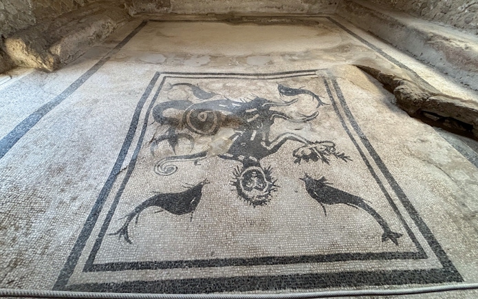Herculaneum mosaic depicting marine life and mythological figures.