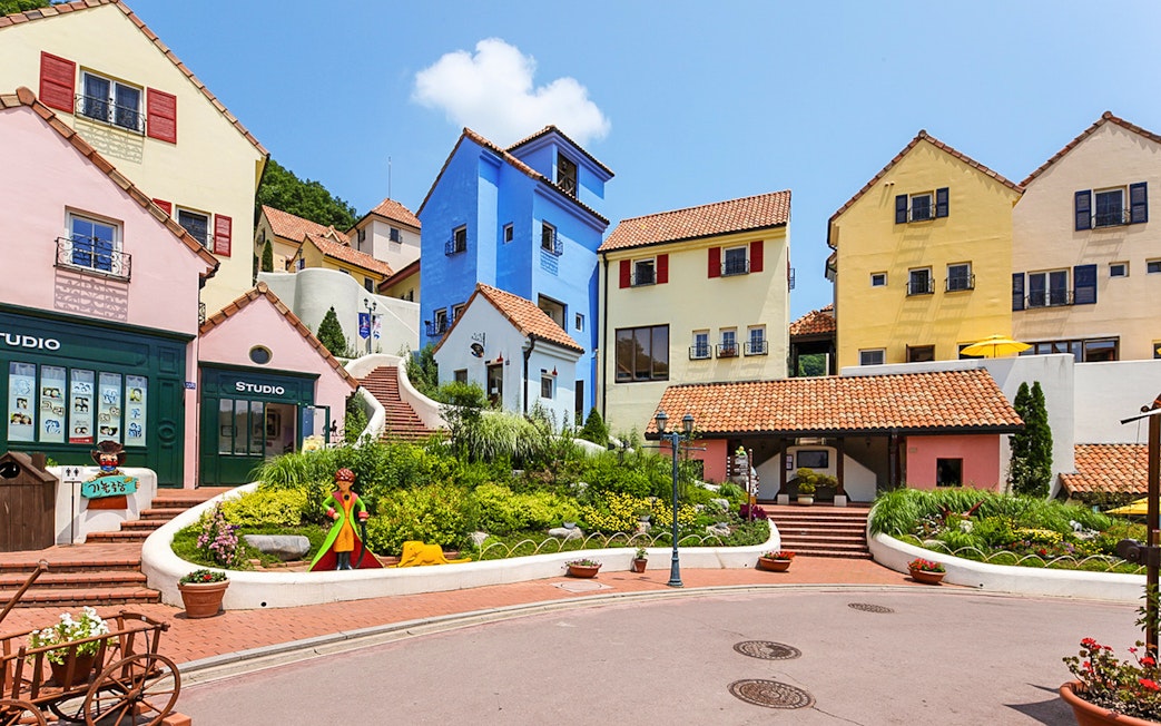 Multicolored European-style buildings and stairs in Petite France theme village, South Korea.