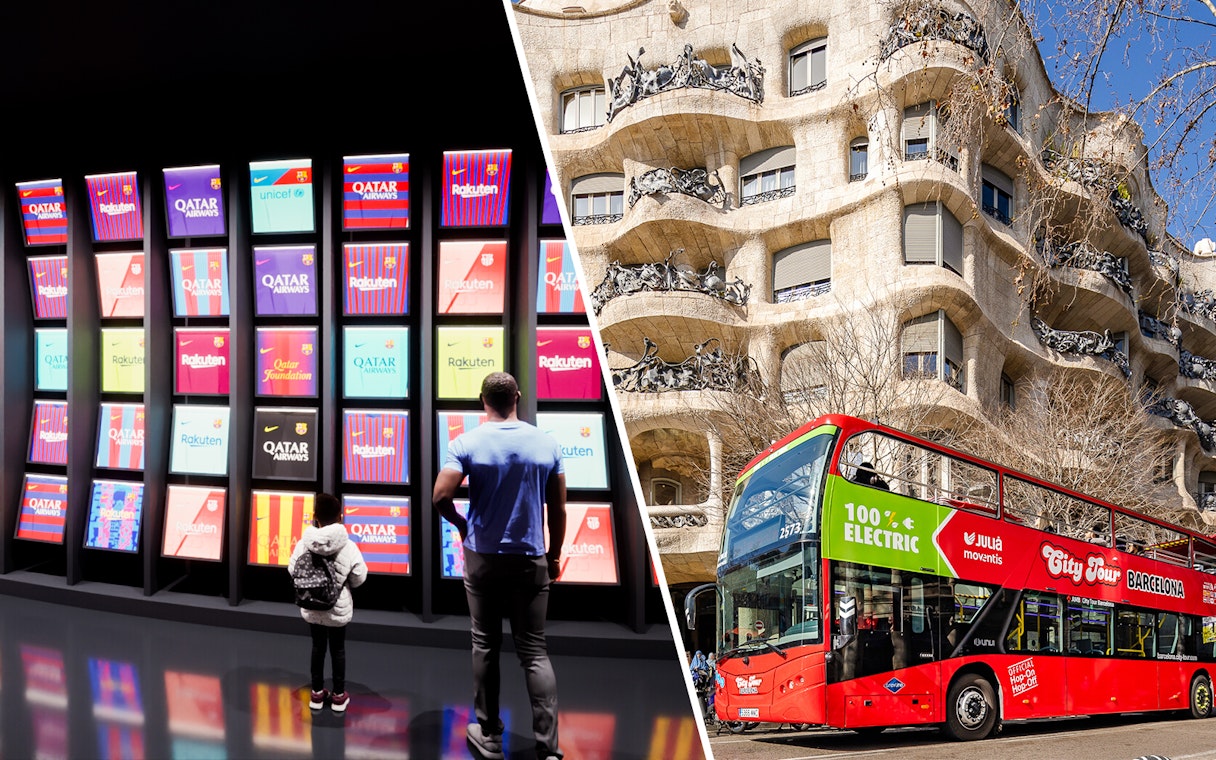 FC Barcelona Museum display and Barcelona hop-on hop-off bus near Casa Milà.