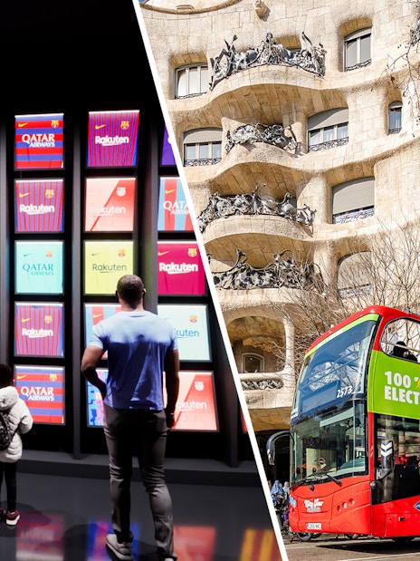 FC Barcelona Museum display and Barcelona hop-on hop-off bus near Casa Milà.