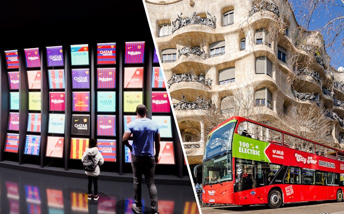FC Barcelona Museum display and Barcelona hop-on hop-off bus near Casa Milà.