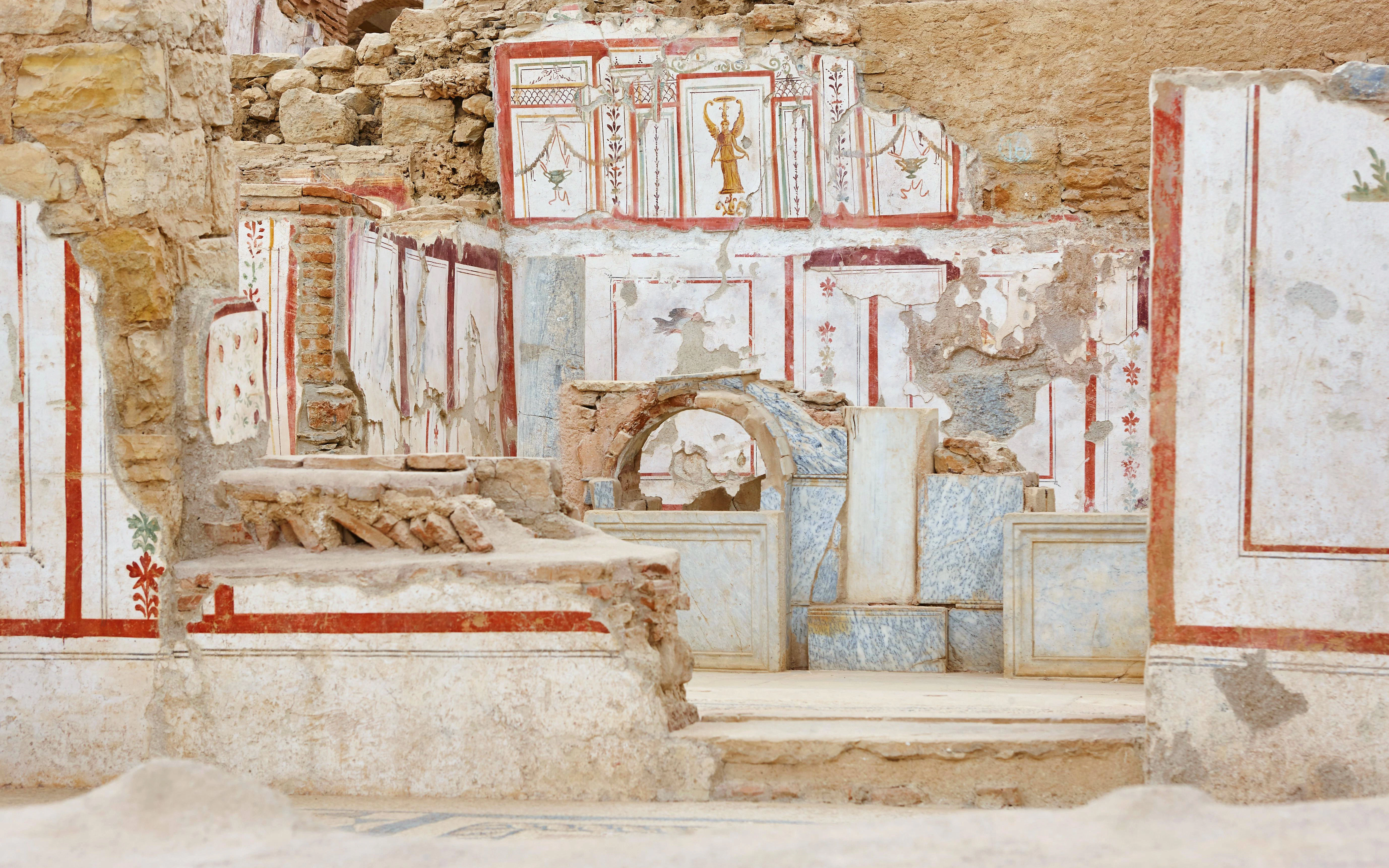 Terrace Houses interior with ancient frescoes and stonework at Ephesus Archeological Site, Turkey.