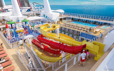 Toy Story-themed water play area with slides on Disney Cruise Line deck.