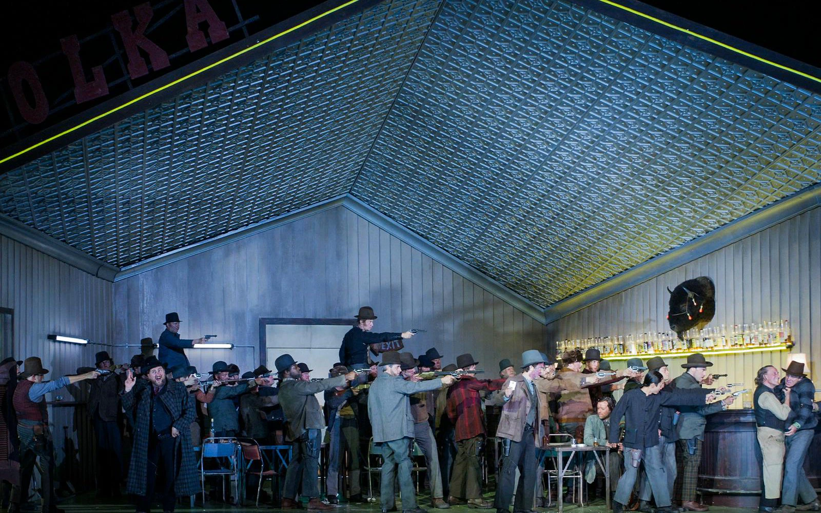 Performers in a saloon scene from La Fanciulla del West on Broadway.