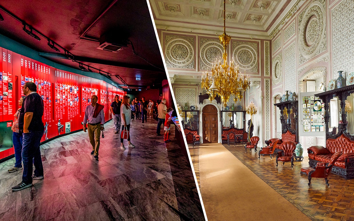 SL Benfica Stadium Museum exhibit and Pena Palace ornate room interior.