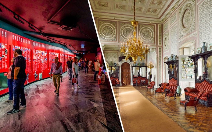 SL Benfica Stadium Museum exhibit and Pena Palace ornate room interior.