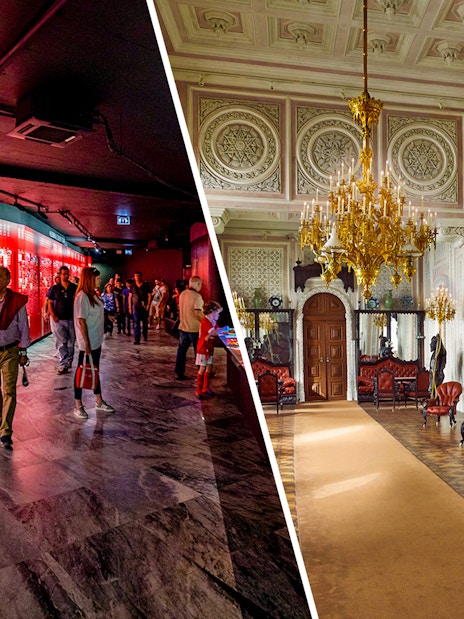SL Benfica Stadium Museum exhibit and Pena Palace ornate room interior.