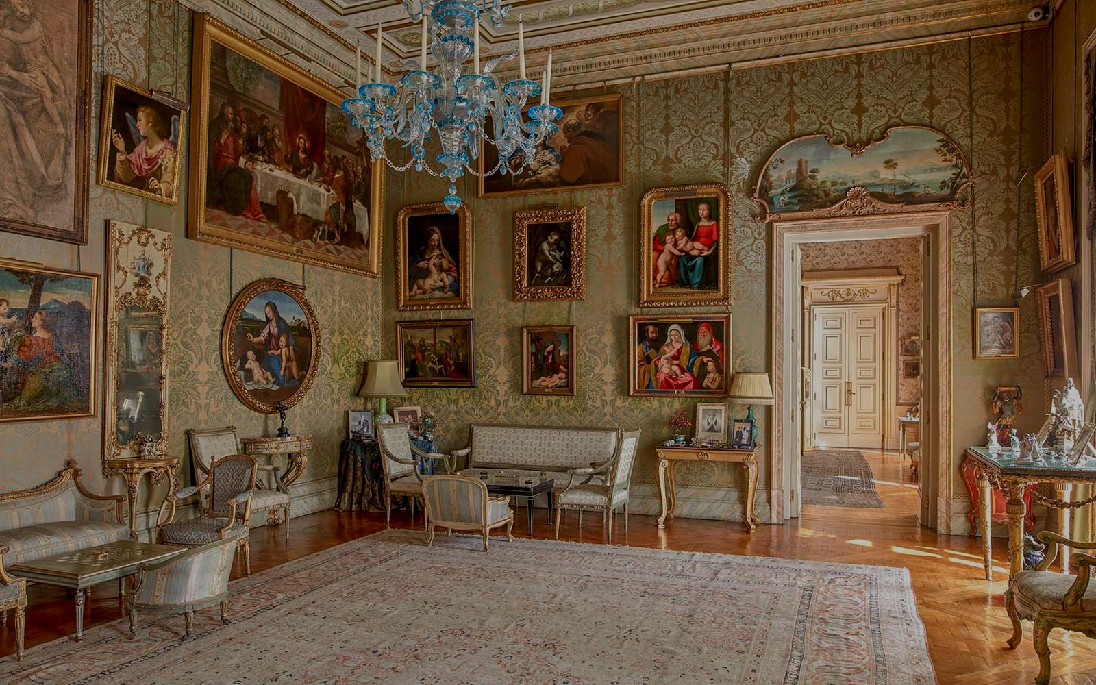 Liria Palace interior with ornate ceiling and chandeliers in Madrid.