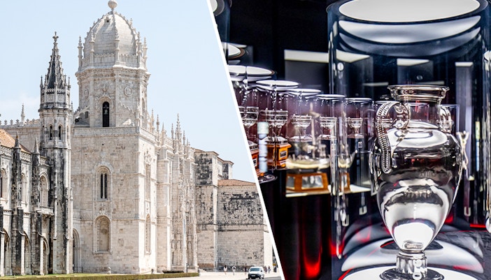 Jerónimos Monastery facade and SL Benfica Museum trophy display.