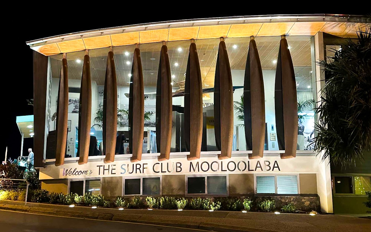 Surf Club Mooloolaba entrance at night, part of Australia Zoo Adventures tour.