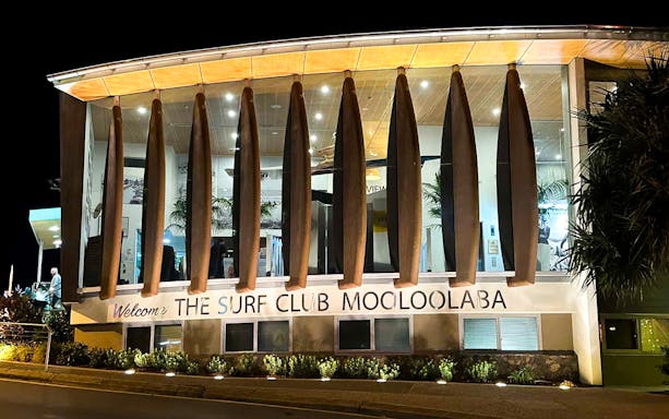 Surf Club Mooloolaba entrance at night, part of Australia Zoo Adventures tour.