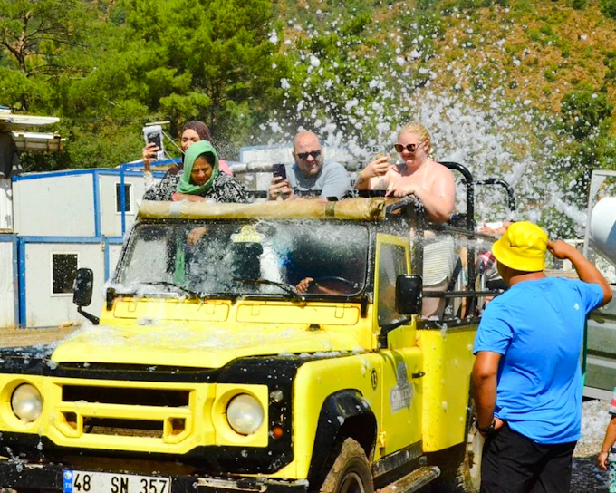 From Marmaris: Jeep Safari with Water Fights to Turgut Waterfall and Kızkumu Beach