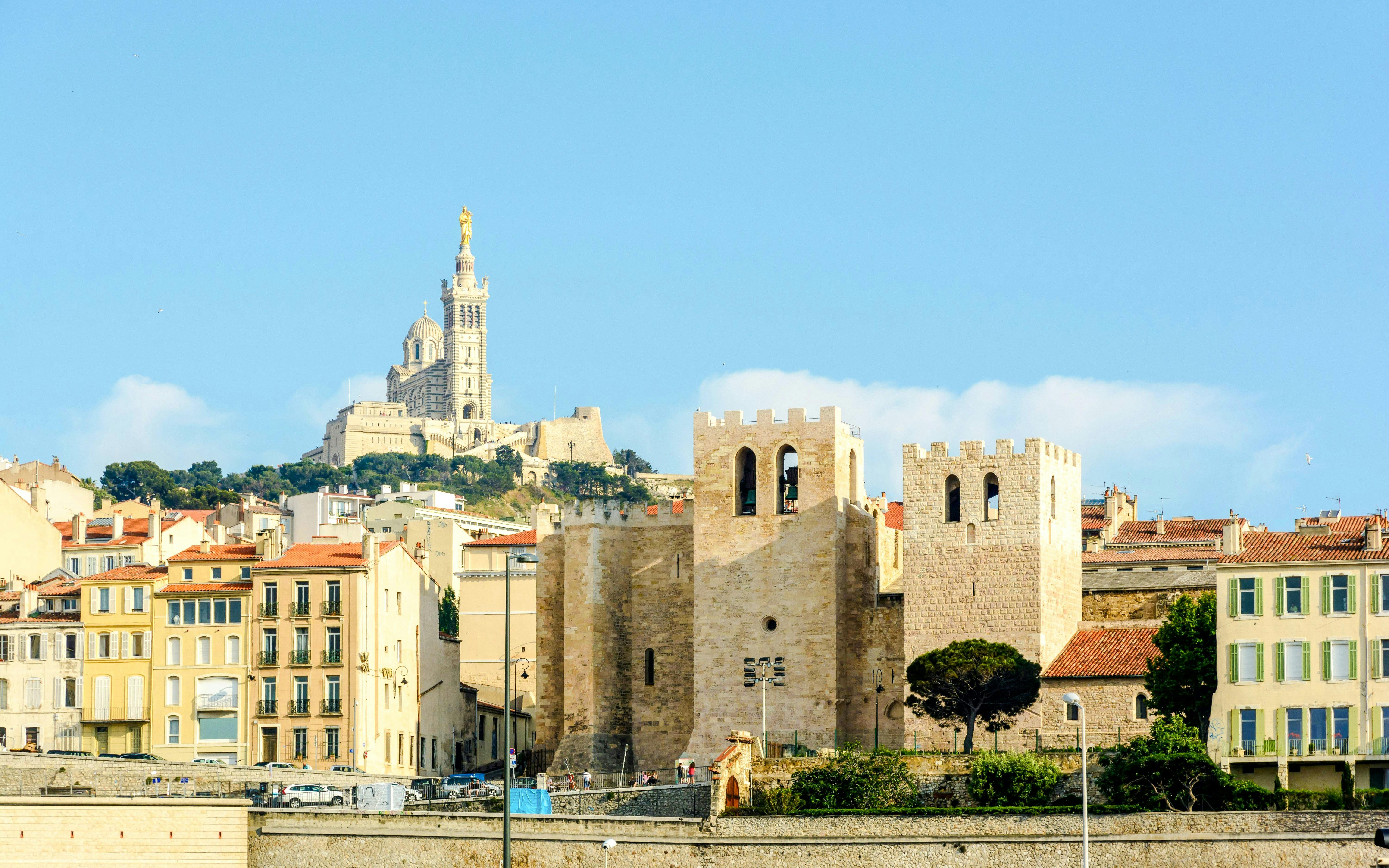 Abbey of Saint Victor with Notre-Dame de la Garde in background, Marseille, France.