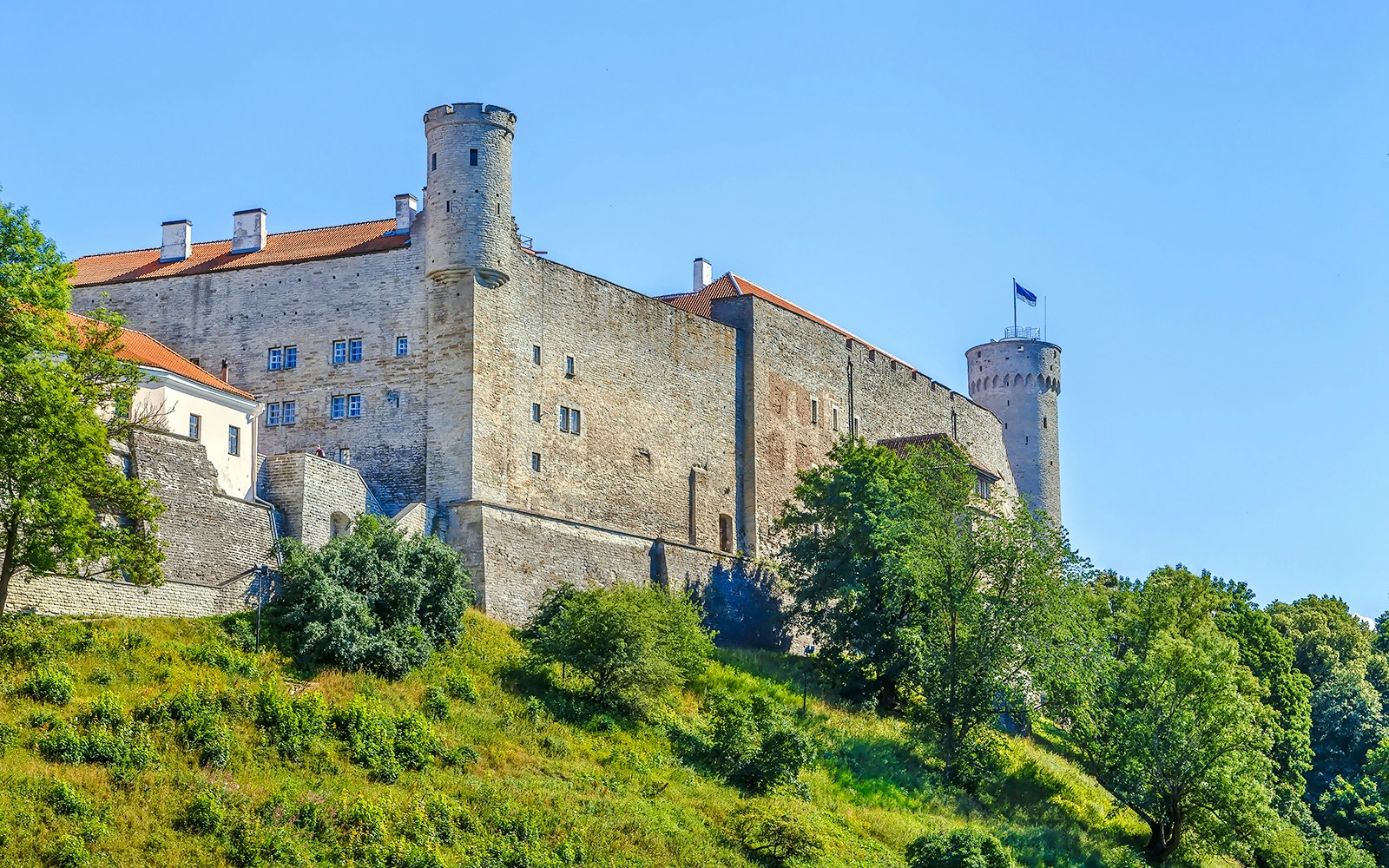 Toompea Castle with Pikk Hermann Tower in Tallinn, Estonia, surrounded by greenery.