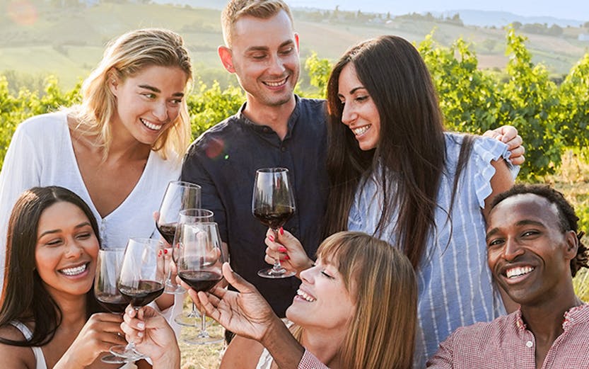 Group enjoying wine and snacks in a vineyard during a Provence day trip.
