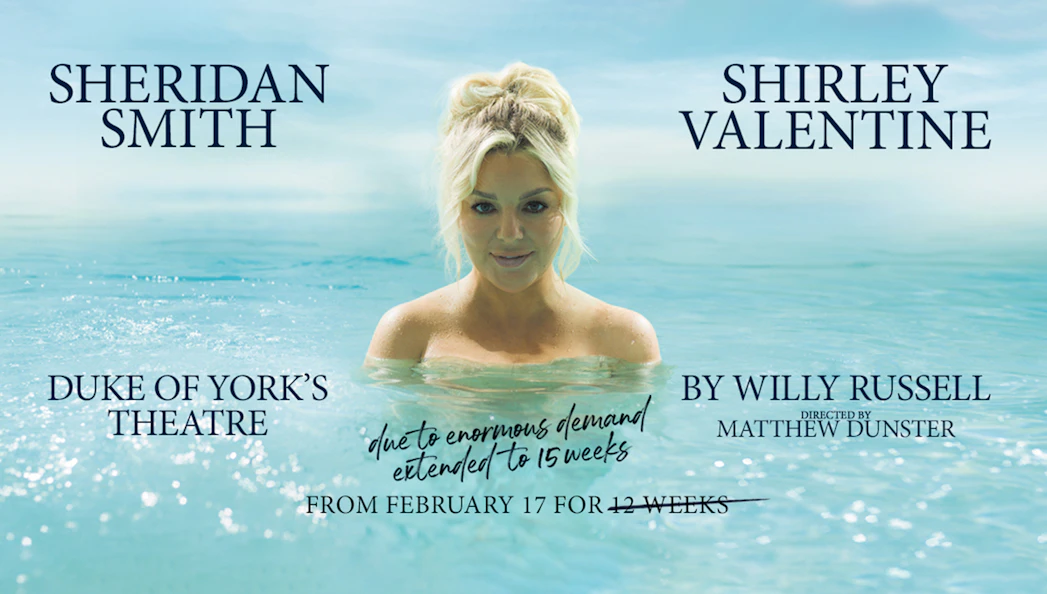 Shirley Valentine play poster with woman in ocean, Duke of York's Theatre.