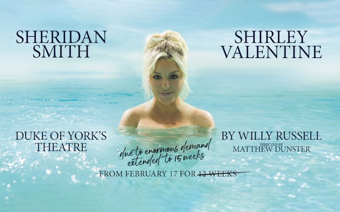Shirley Valentine play poster with woman in ocean, Duke of York's Theatre.