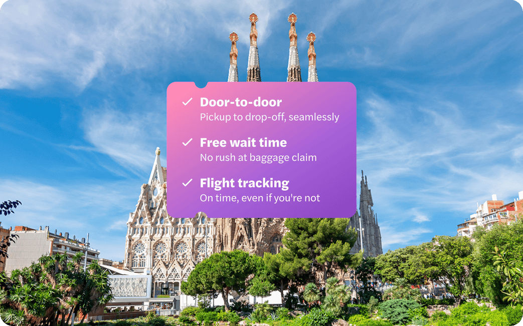 Barcelona El Prat Airport transfer service with Sagrada Familia in background.